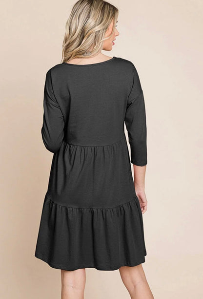 WOMEN'S 3/4 SLEEVE V-NECK BUTTON UP TIERED LOOSE FIT MIDI DRESS