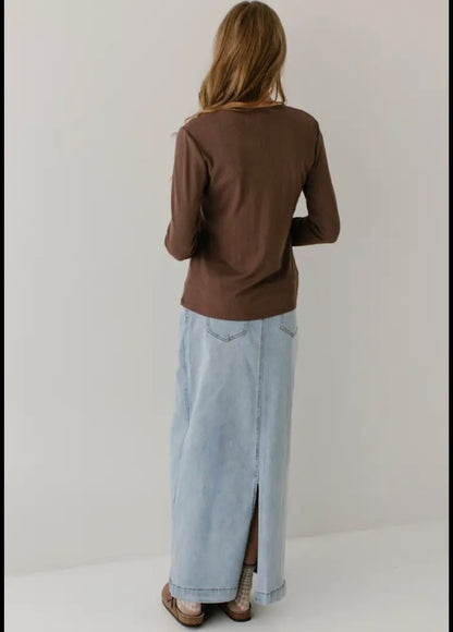 "Sara" Classic Long Denim Skirt Light Wash