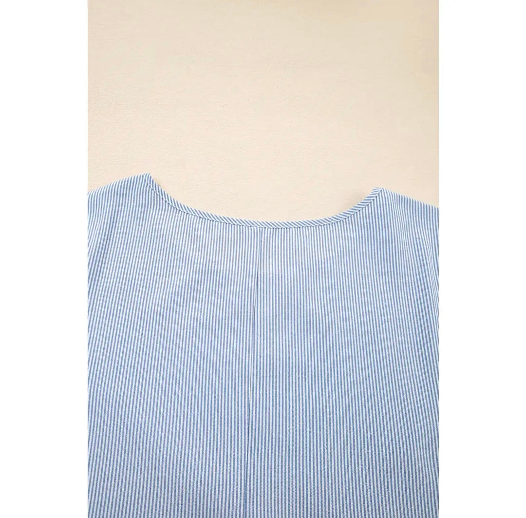 Sky Blue Stripe Crisscross Lace Detail Mixed Striped Patchwork Shift Long Dress