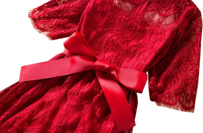 Red Vintage 3/4 Sleeve A-Line Girls Dress