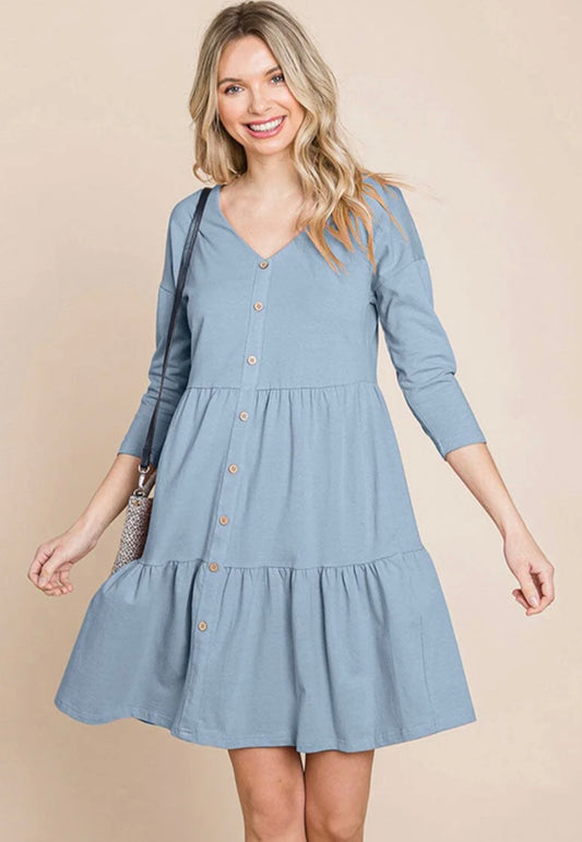WOMEN'S 3/4 SLEEVE V-NECK BUTTON UP TIERED LOOSE FIT MIDI DRESS