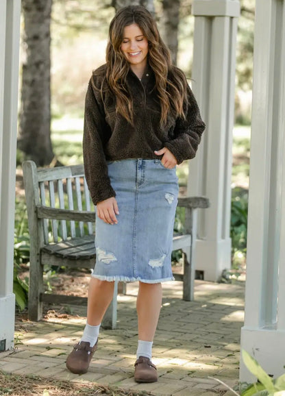 Presley Distressed Denim Midi Skirt