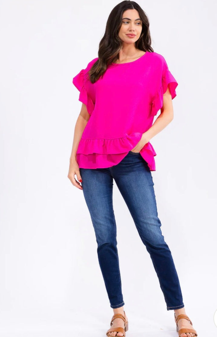 WOMEN'S SHORT RUFFLE SLEEVE TIERED BLOUSE