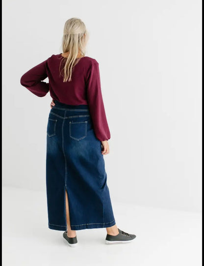 "Sara" Classic Long Denim Skirt Dark Wash