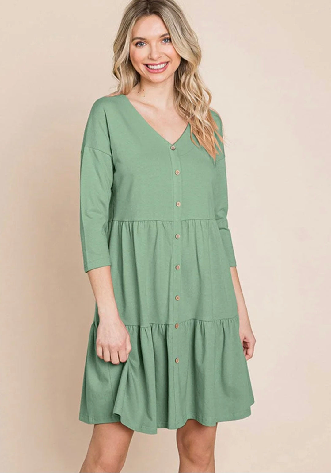 WOMEN'S 3/4 SLEEVE V-NECK BUTTON UP TIERED LOOSE FIT MIDI DRESS