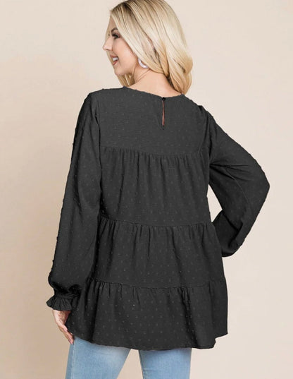 WOMEN'S LONG SLEEVE TIERED TUNIC SWISS DOTS BLOUSE