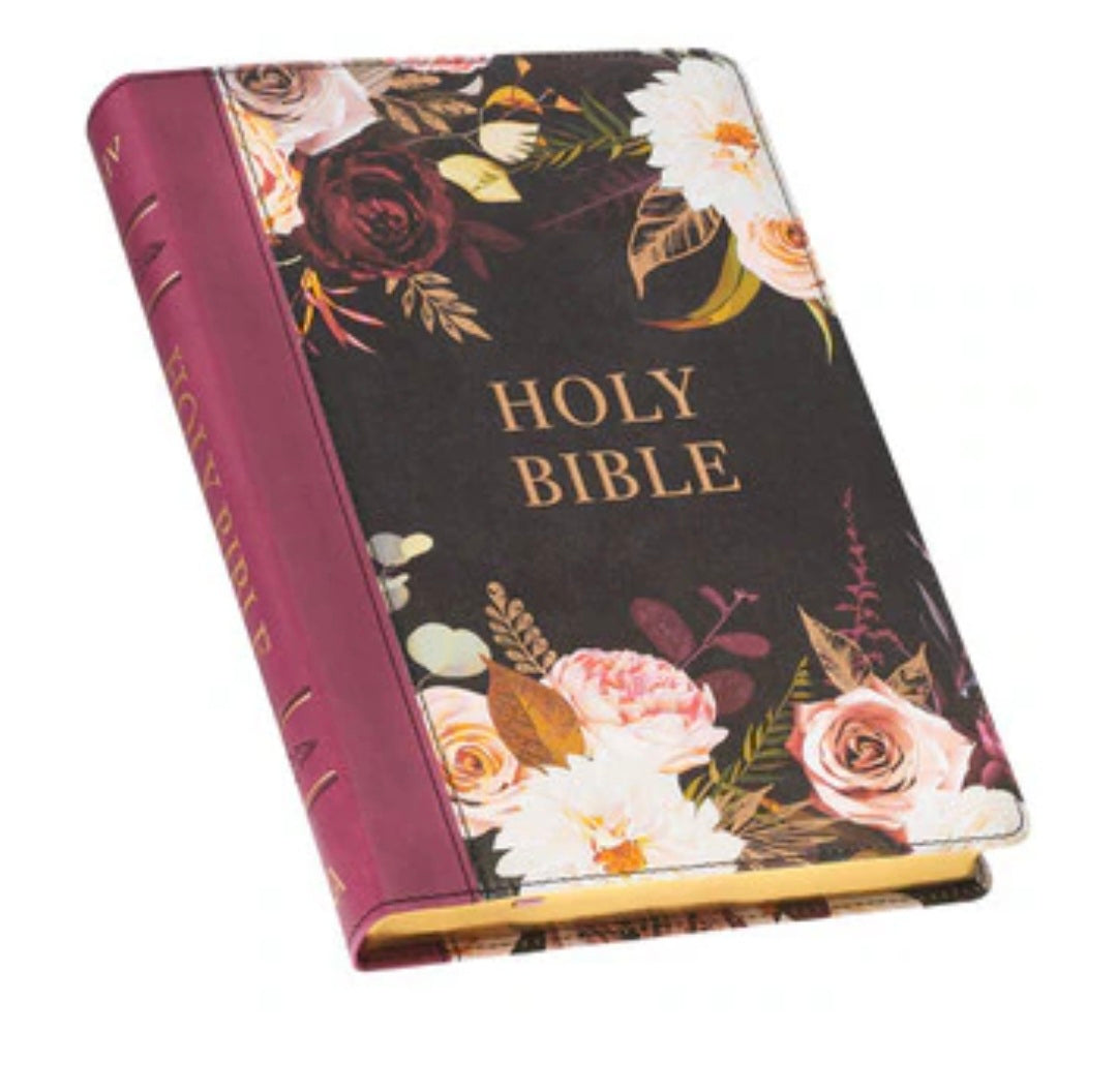 Black and Burgundy Floral Faux Leather Large Print Thinline King James Version Bible with Thumb Index