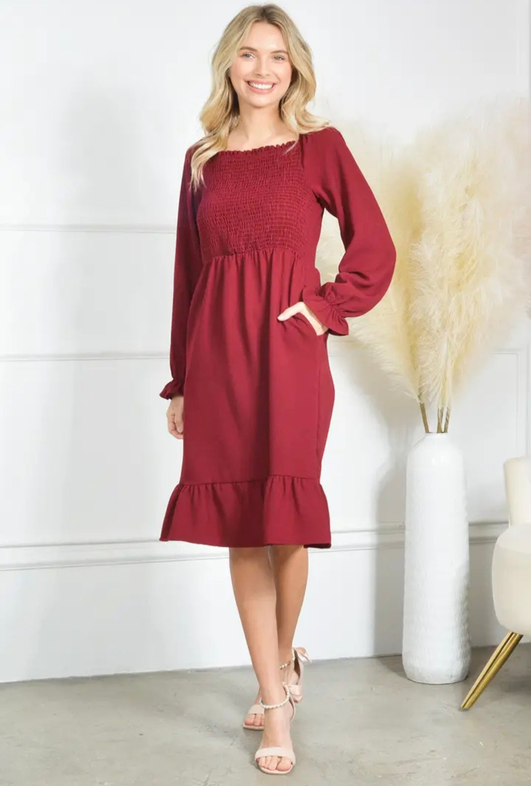 Smocking Dress Long Seeve Ruffle Hem Smocking Crepe Midi