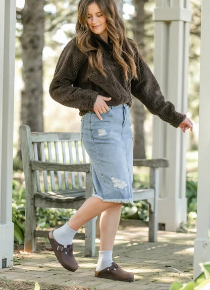 Presley Distressed Denim Midi Skirt