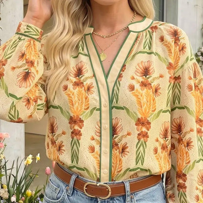 Floral Print V Neck Long Sleeve Shirt