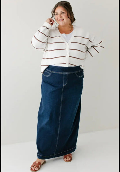 "Sara" Classic Long Denim Skirt Dark Wash